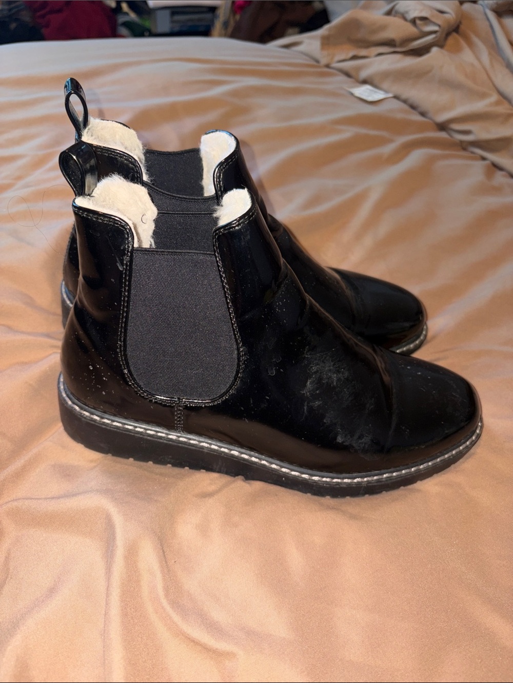 Anne Klein Black Patent Chelsea Winter Boots with Shearling Lining